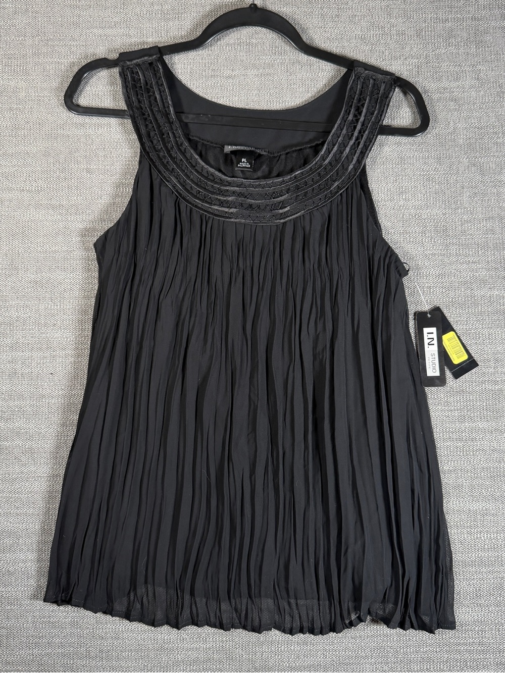 I.N. Studio Black Pleated Sleeveless Camisole with Embellished Scoop Neckline
